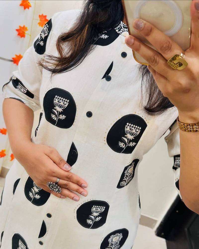 Floral printed white round neck pure cotton kurta set with trouser