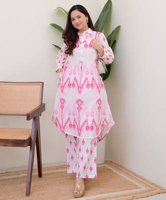 Floral printed white round neck pure cotton kurta set with trouser 1