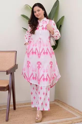 Floral printed white round neck pure cotton kurta set with trouser