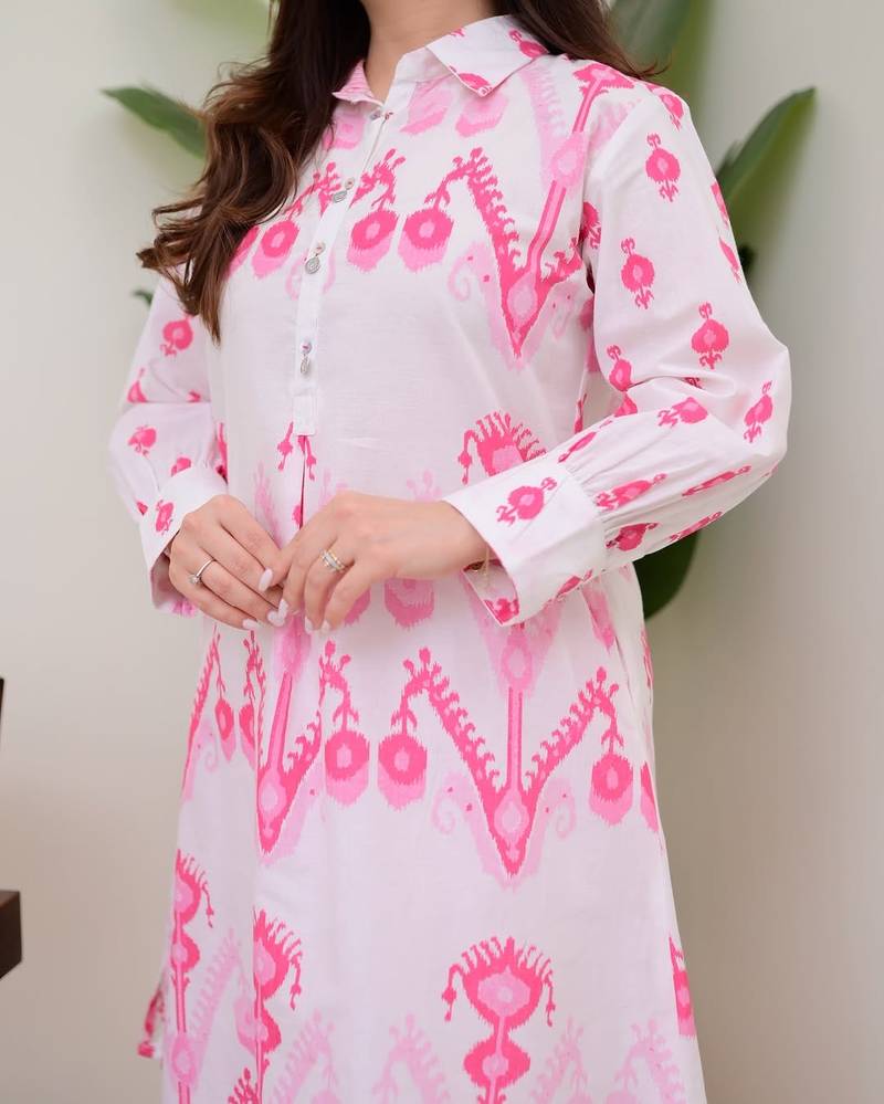 Floral printed white round neck pure cotton kurta set with trouser