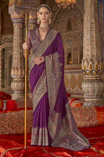 purple banarasi zari woven designer saree