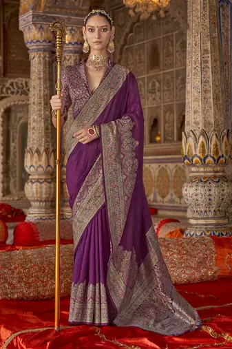 purple banarasi zari woven designer saree