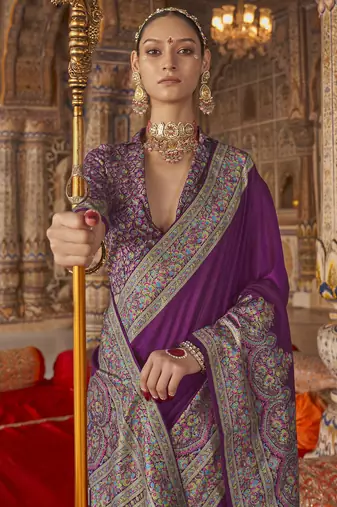 purple banarasi zari woven designer saree