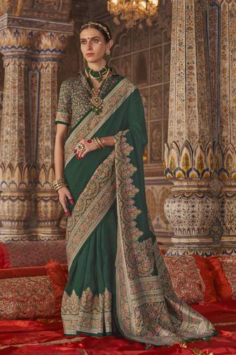 bottle green banarasi zari woven designer saree