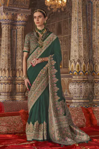 bottle green banarasi zari woven designer saree