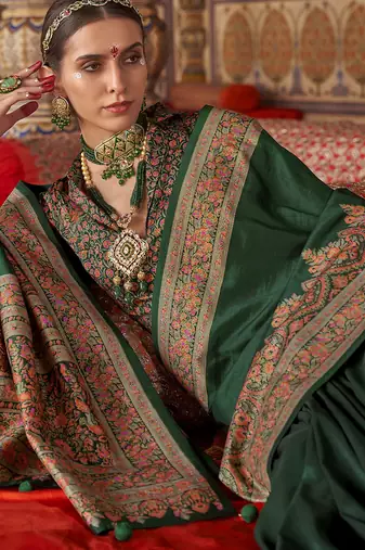 bottle green banarasi zari woven designer saree
