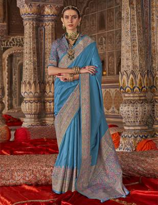 sky blue banarasi zari woven designer saree 1