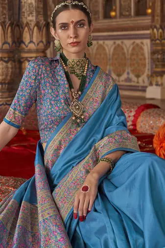 sky blue banarasi zari woven designer saree