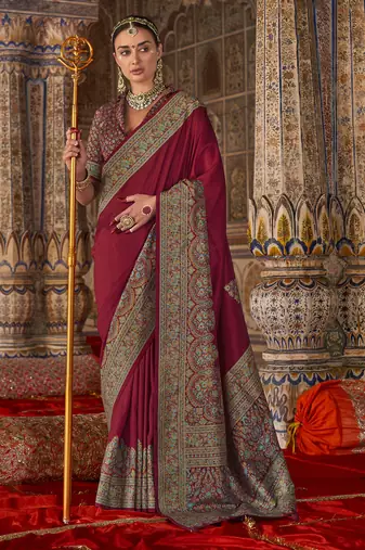 maroon banarasi zari woven designer saree