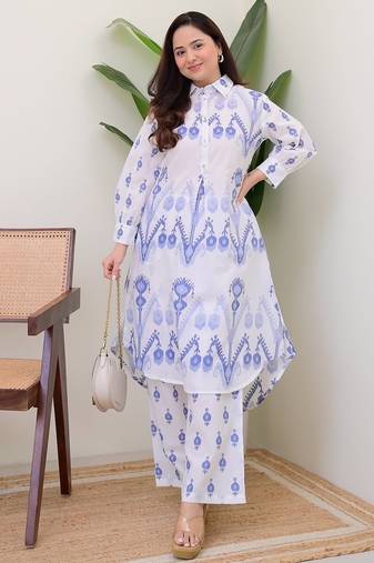 Floral printed white round neck pure cotton kurta set with trouser