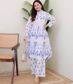 Floral printed white round neck pure cotton kurta set with trouser