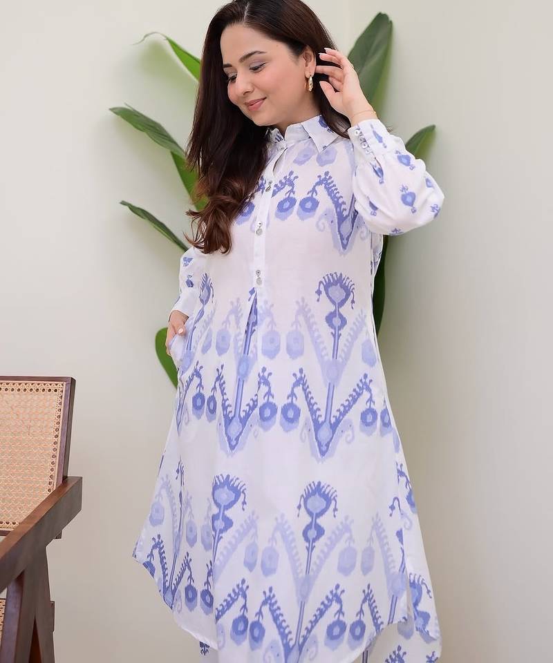 Floral printed white round neck pure cotton kurta set with trouser
