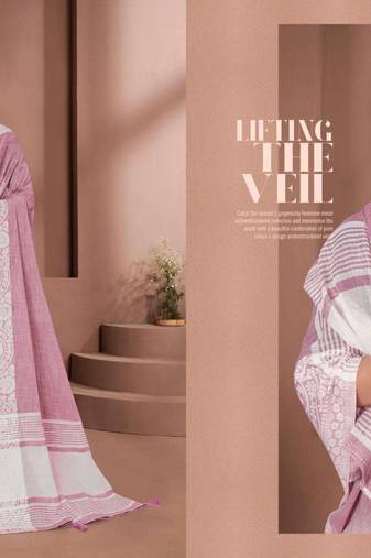 Pink colour print linen saree casual wear with blouse