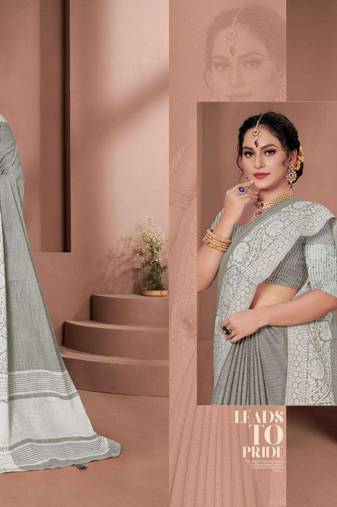 Grey colour print linen saree casual wear with blouse