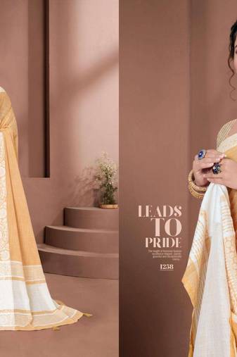 Yellow colour print linen saree casual wear with blouse