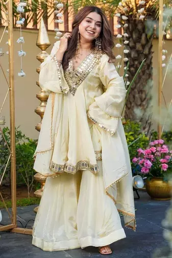 Floral embroidered beige v neck silk kurta set with trouser & dupatta