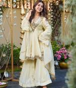 Floral embroidered beige v neck silk kurta set with trouser & dupatta