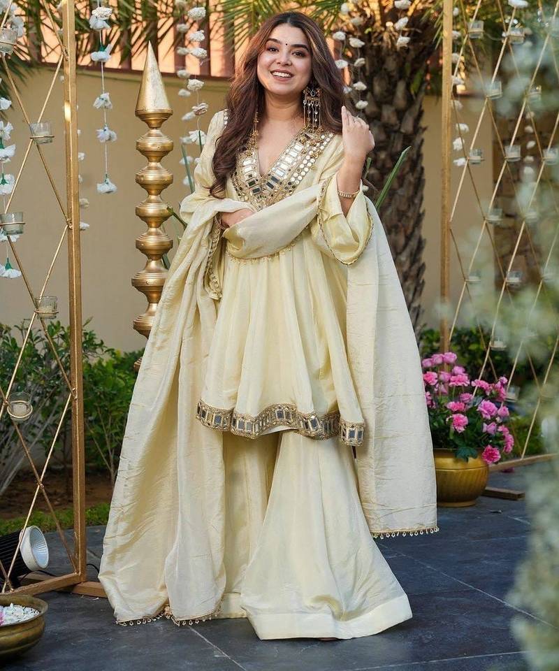 Floral embroidered beige v neck silk kurta set with trouser & dupatta