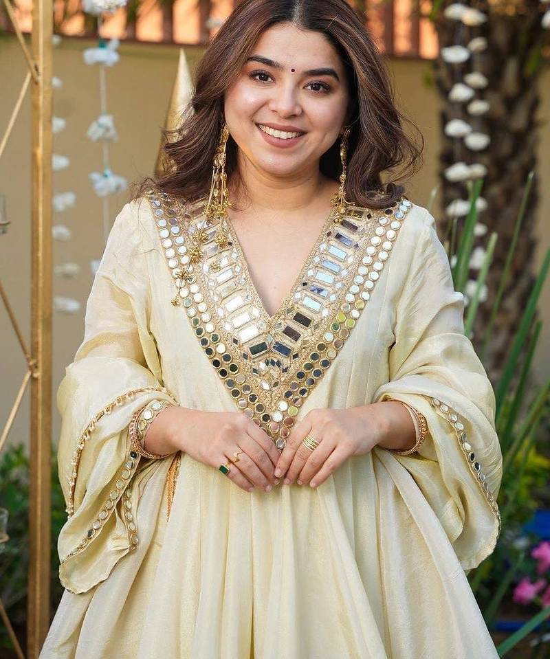 Floral embroidered beige v neck silk kurta set with trouser & dupatta