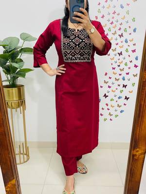 Floral embroidered red round neck  cotton kurta set with trouser 1