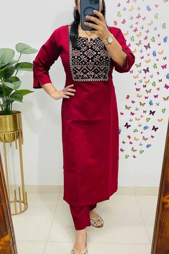 Floral embroidered red round neck pure cotton kurta set with trouser