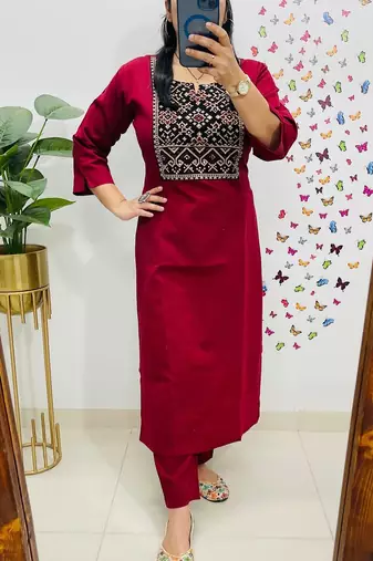 Floral embroidered red round neck pure cotton kurta set with trouser