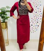 Floral embroidered red round neck pure cotton kurta set with trouser