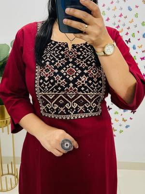 Floral embroidered red round neck  cotton kurta set with trouser 2