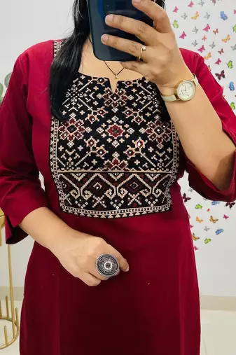 Floral embroidered red round neck  cotton kurta set with trouser