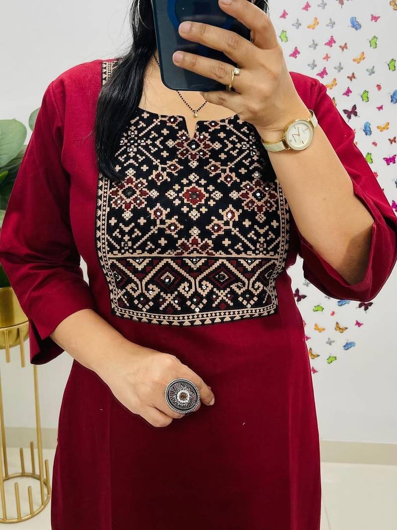 Floral embroidered red round neck pure cotton kurta set with trouser