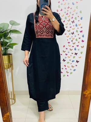 Floral embroidered black round neck  cotton kurta set with trouser 1