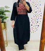 Floral embroidered black round neck pure cotton kurta set with trouser