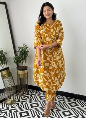 Floral printed yellow round neck cotton kurta set with trouser 1