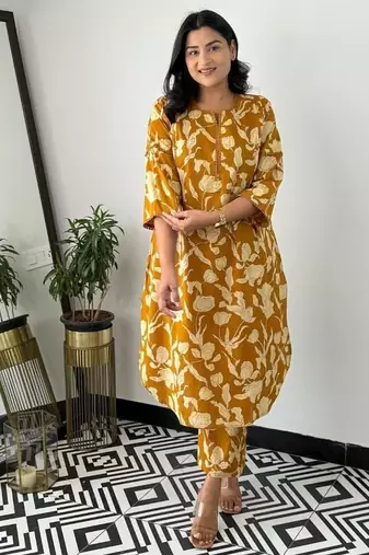 Floral printed yellow round neck pure cotton kurta set with trouser