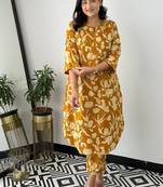 Floral printed yellow round neck pure cotton kurta set with trouser
