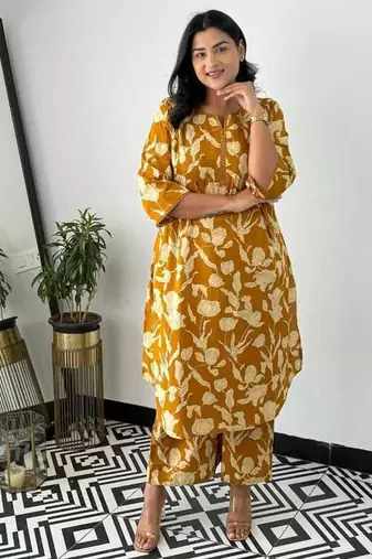 Floral printed yellow round neck  cotton kurta set with trouser