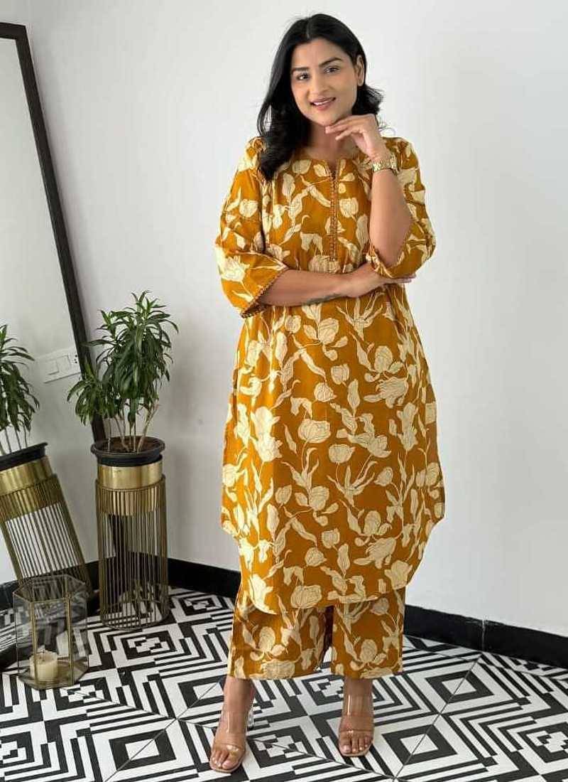 Floral printed yellow round neck pure cotton kurta set with trouser