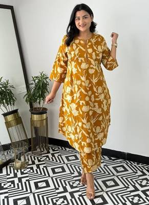 Floral printed yellow round neck cotton kurta set with trouser 3
