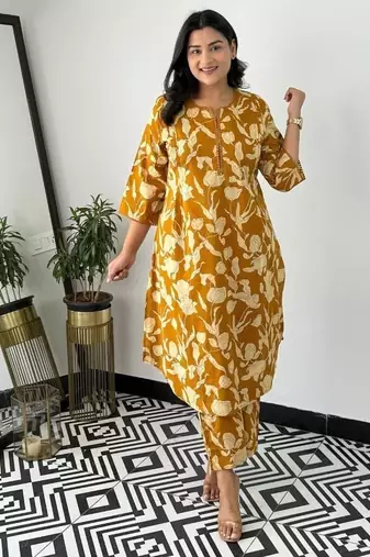 Floral printed yellow round neck  cotton kurta set with trouser
