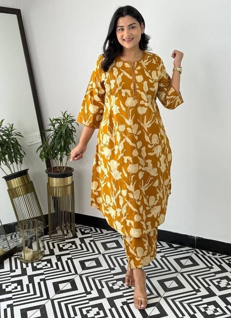 Floral printed yellow round neck pure cotton kurta set with trouser