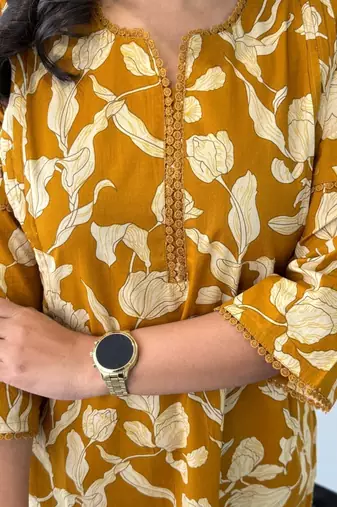 Floral printed yellow round neck  cotton kurta set with trouser