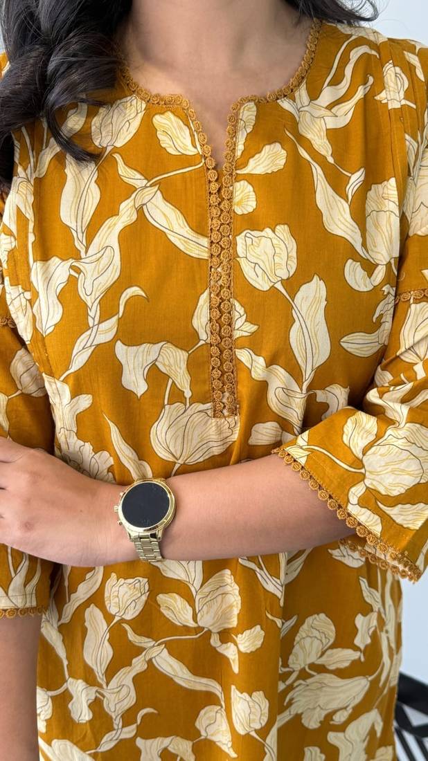 Floral printed yellow round neck pure cotton kurta set with trouser