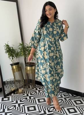 Floral printed blue round neck cotton kurta set with trouser 1