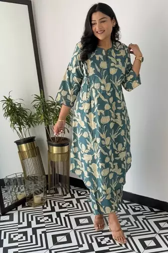 Floral printed blue round neck pure cotton kurta set with trouser