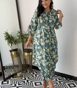 Floral printed blue round neck pure cotton kurta set with trouser