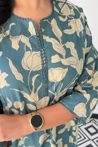 Floral printed blue round neck  cotton kurta set with trouser