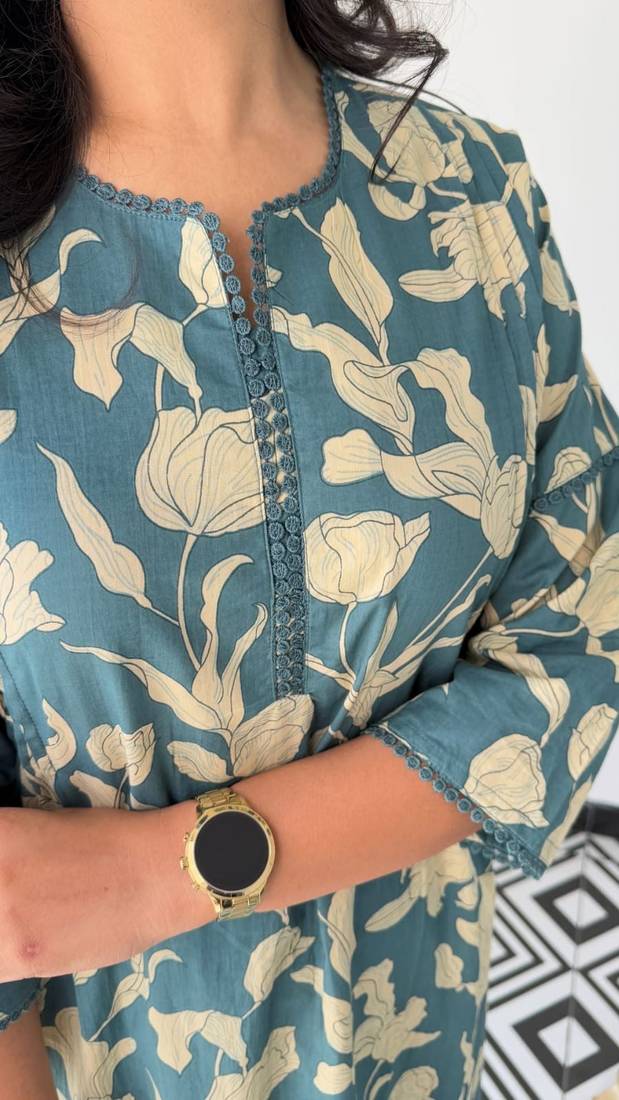 Floral printed blue round neck pure cotton kurta set with trouser