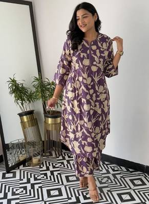Floral printed purple round neck  cotton kurta set with trouser 1