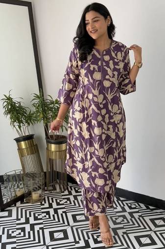 Floral printed purple round neck pure cotton kurta set with trouser
