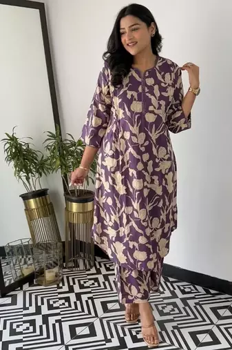 Floral printed purple round neck pure cotton kurta set with trouser